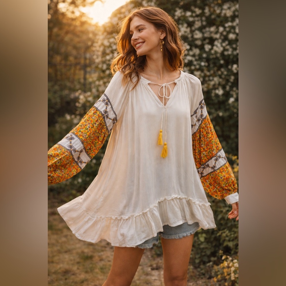 Boho Peasant Blouse Tunic White Embroidered Sleeve Oversized Festival Top L - Picture 1 of 6